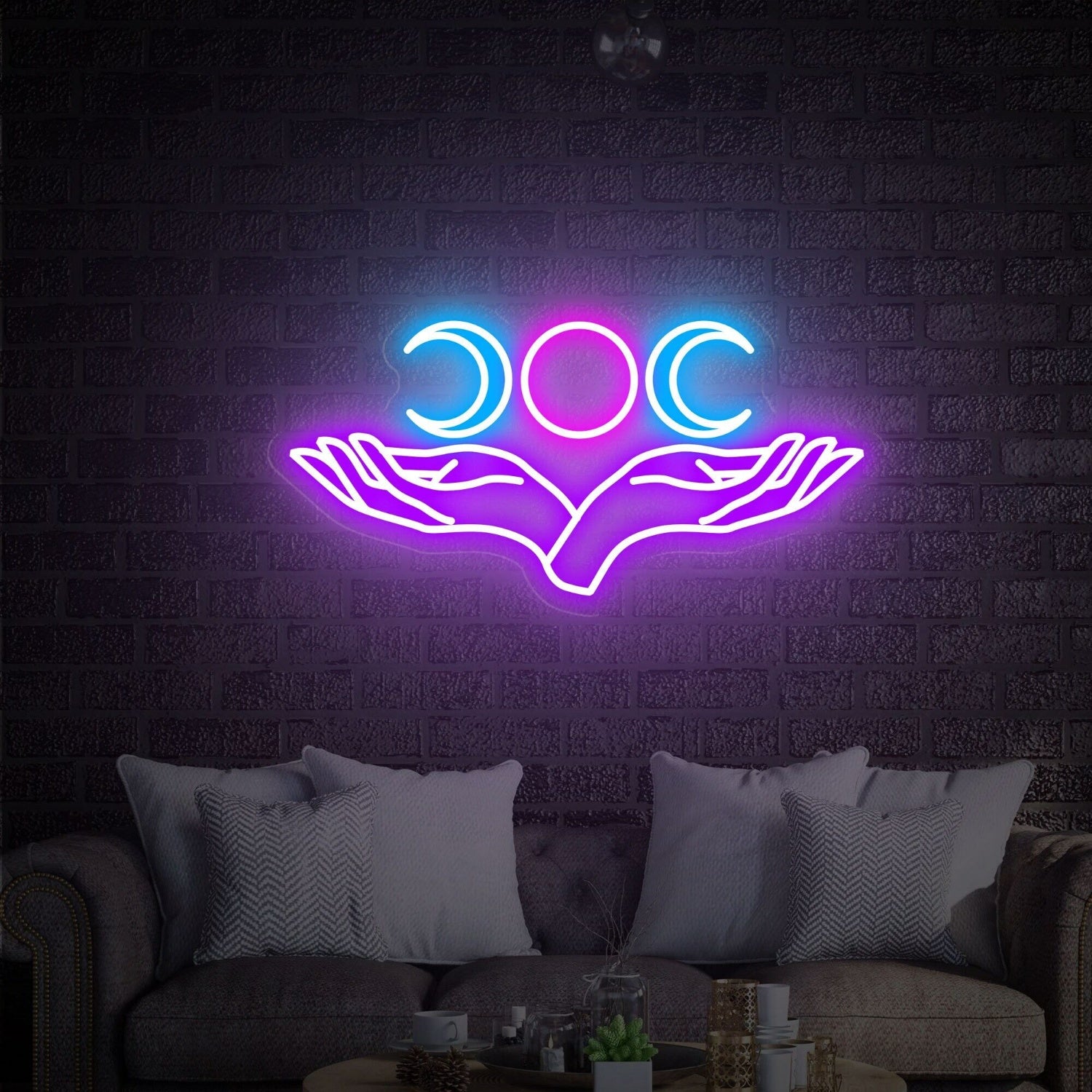 Space With Triple Moon And Hand Neon Sign Led Neon Signs | Shineneon
