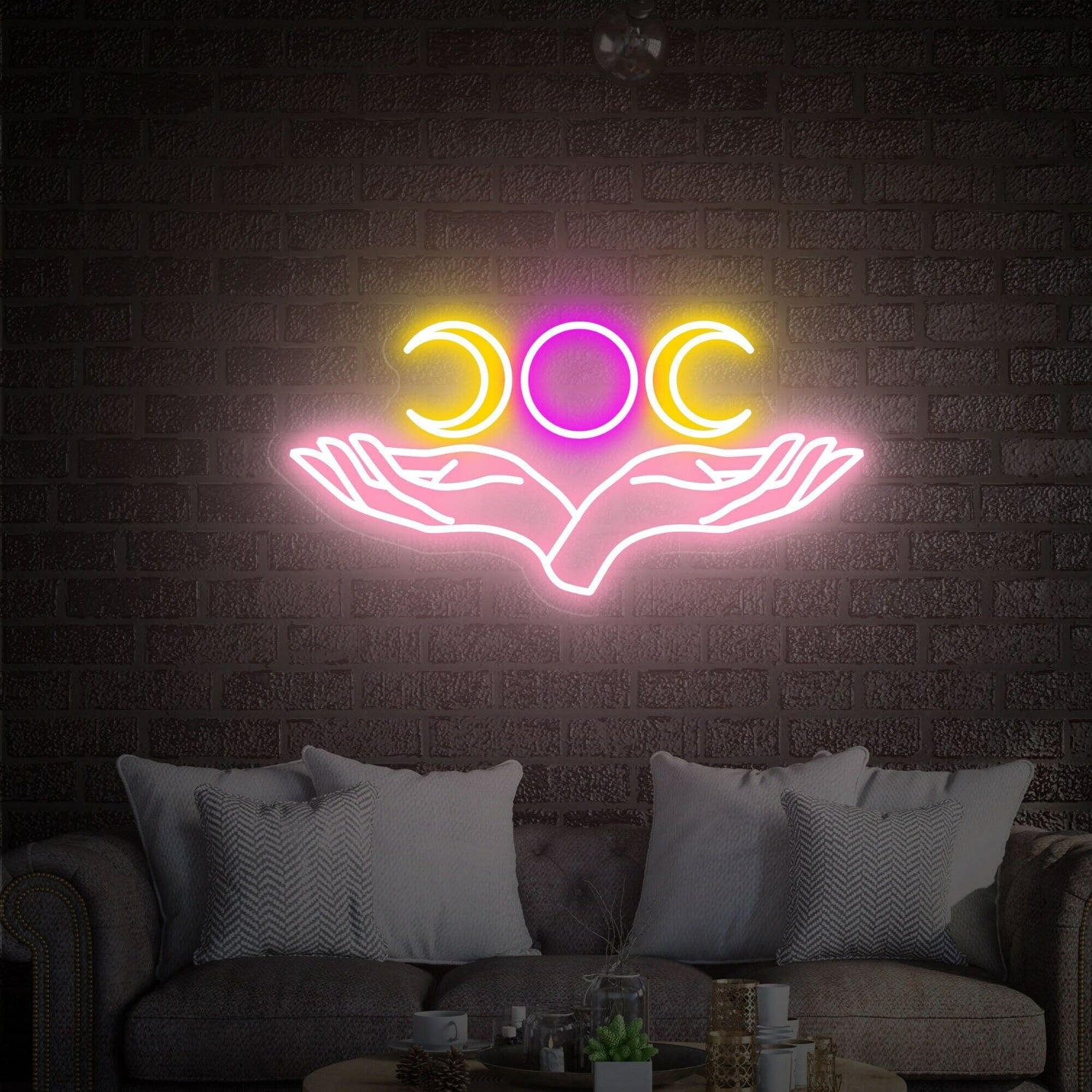 Space With Triple Moon And Hand Neon Sign Led Neon Signs | Shineneon