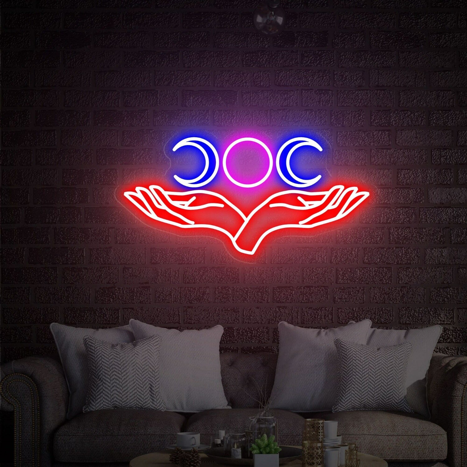 Space With Triple Moon And Hand Neon Sign Led Neon Signs | Shineneon