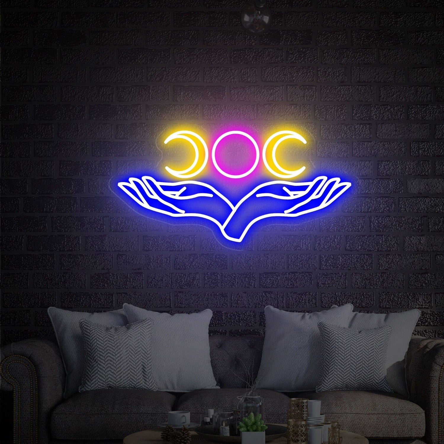 Space With Triple Moon And Hand Neon Sign Led Neon Signs | Shineneon