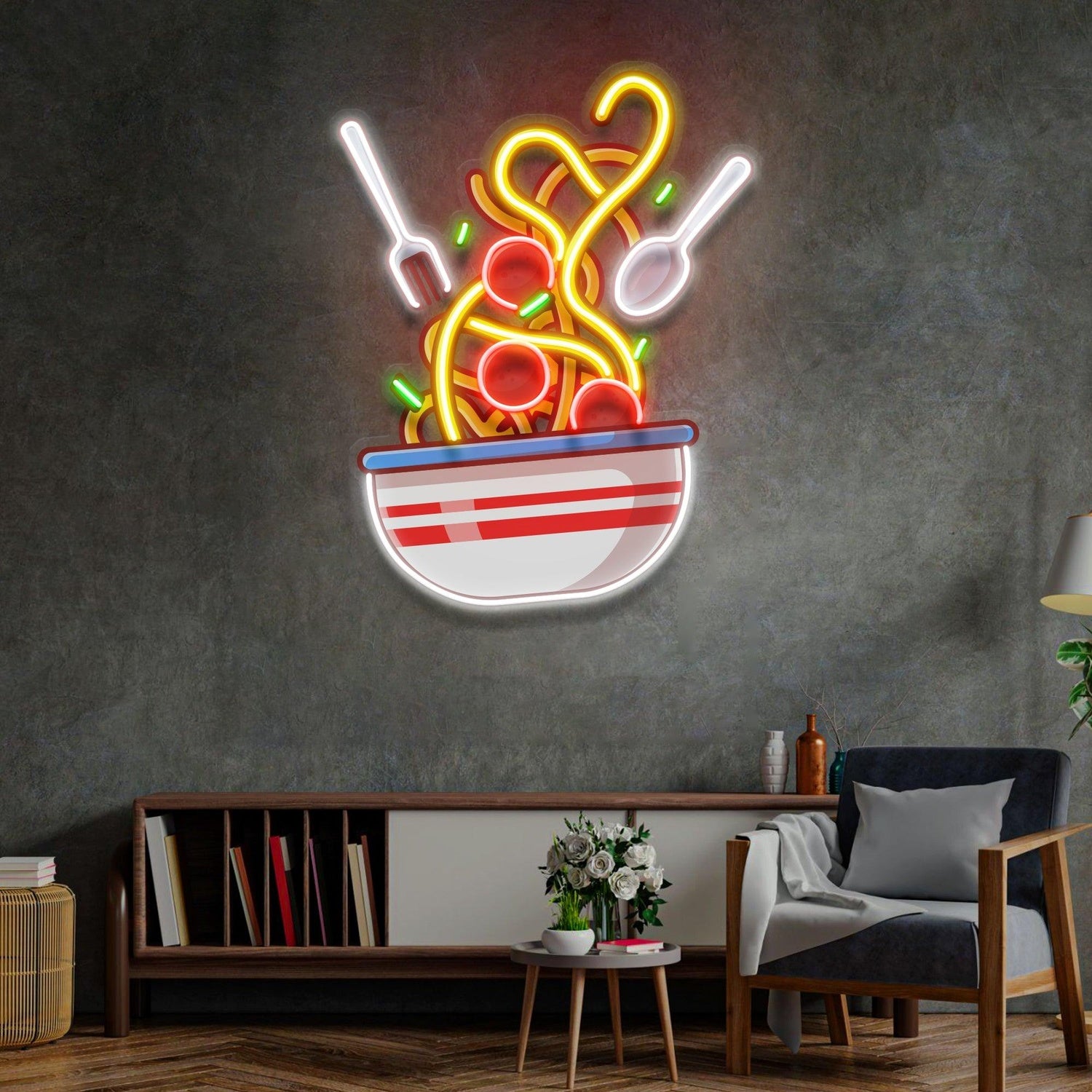 Spaghetti Bowl Multicolor Uv Printed Led Neon Sign For Kitchen Restaurant Decor | Shineneon
