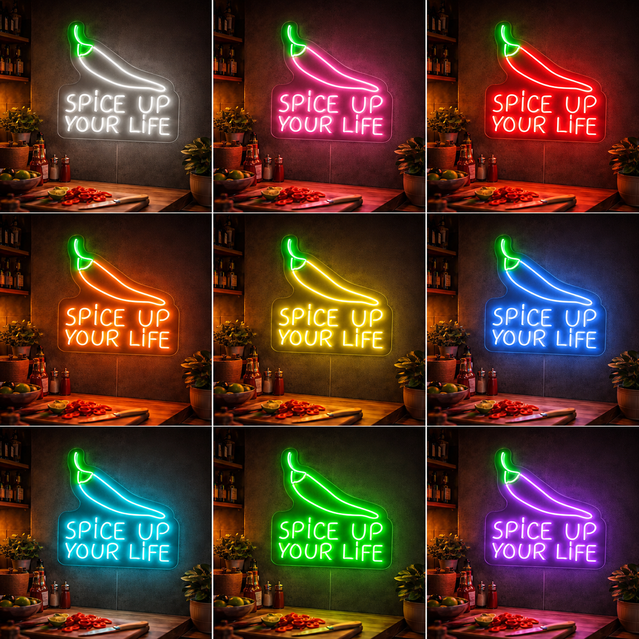 Spice Up Your Life Neon Sign Chili Pepper LED Neon Light Kitchen LED Neon Sign color grid