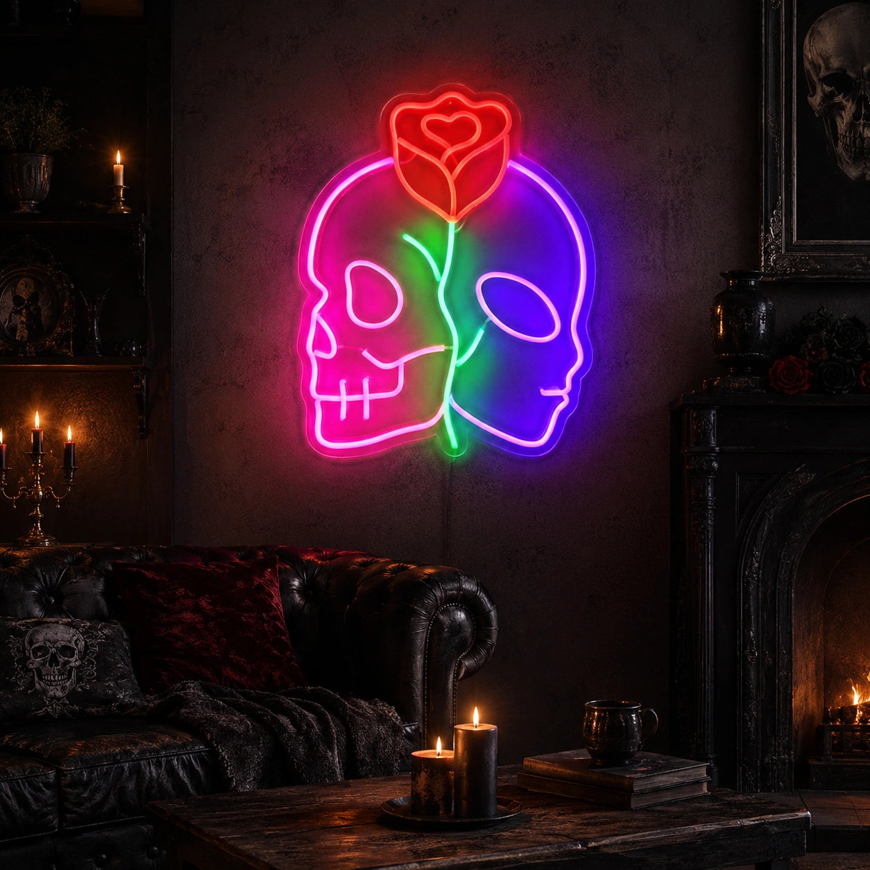 Split Alien Skull Rose LED Neon Sign real lifestyle scene
