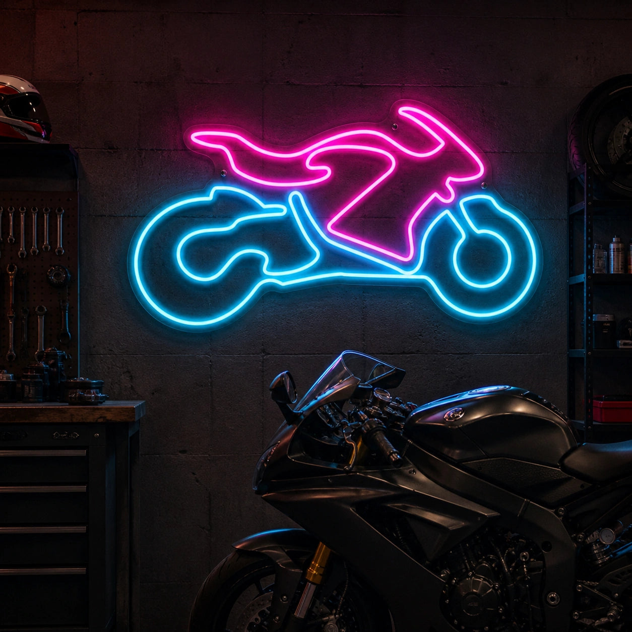 Sport Motorcycle Rectangle Vintage LED Neon Sign real lifestyle scene