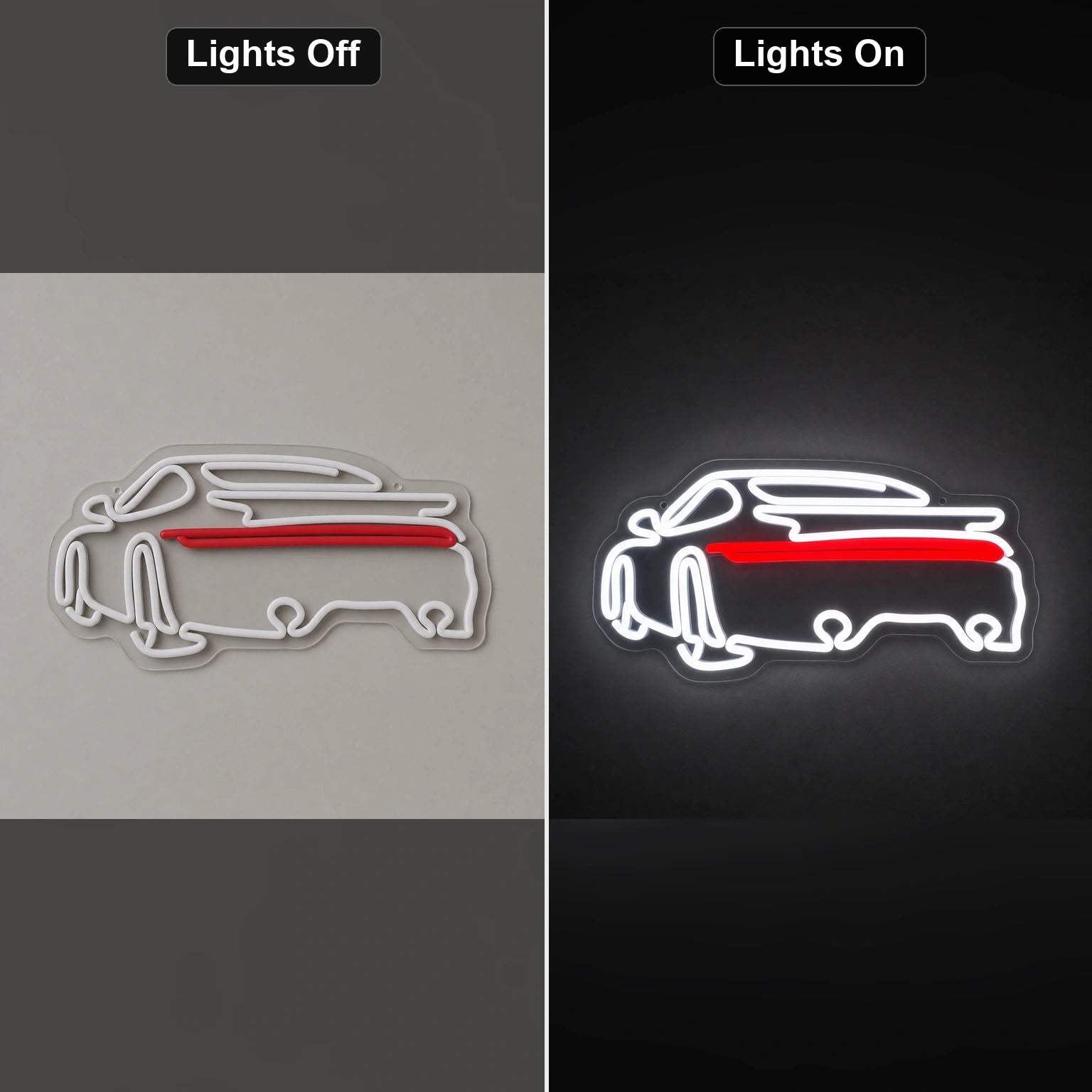 Sports Car Rear View LED Neon Sign Garage Man Cave Neon Sign day and night comparison