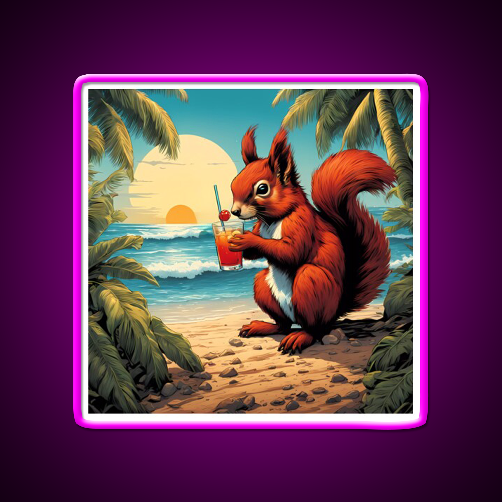 Squirrel On Tropical Beach Drinking Cocktail Bar Decor Led Neon Sign Rgb Color - Neon sign mounted on wall in room