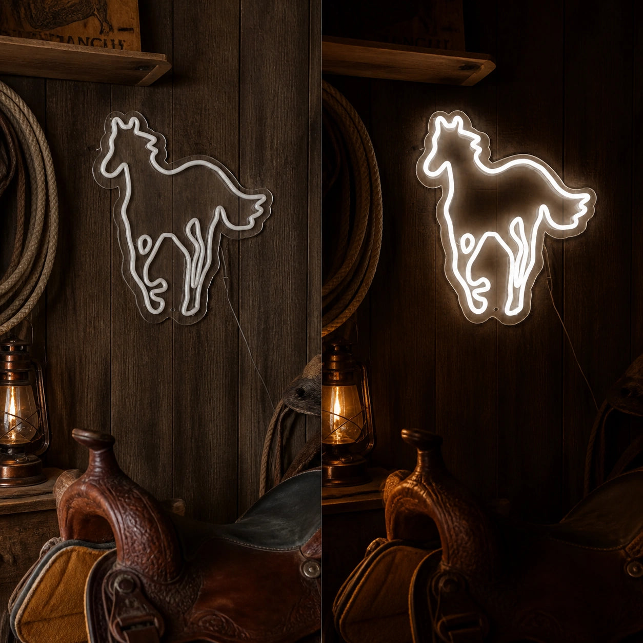 Standing Horse Outline Vintage LED Neon Sign day and night comparison
