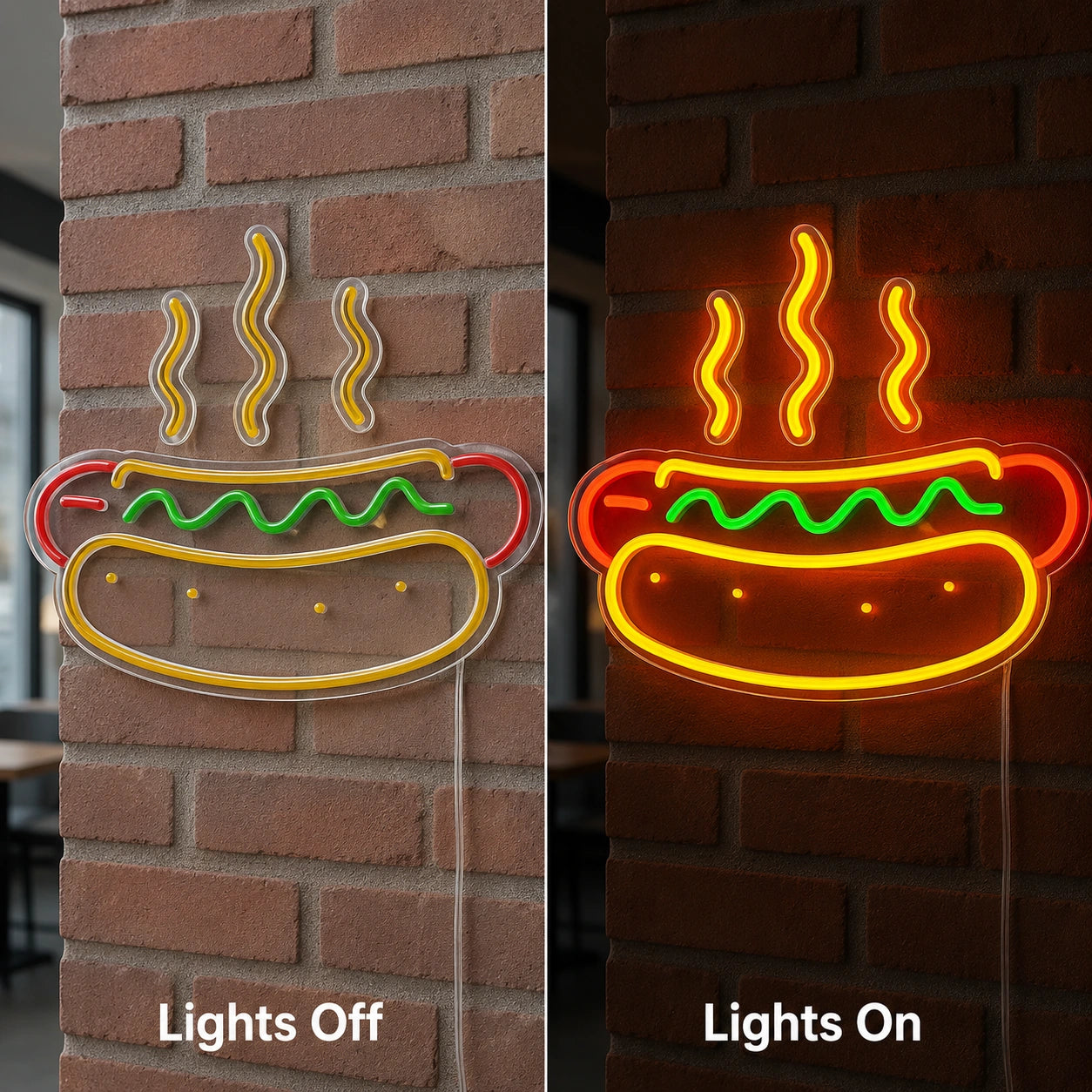 Steaming Hot Dog Neon Sign LED Neon Sign day and night comparison