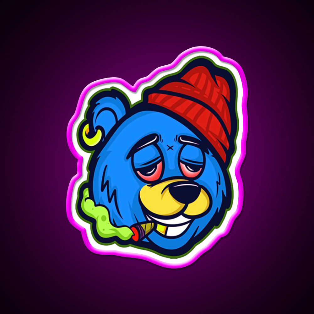 Stoned Bear Character Hemp Inspired Green Leaf Led Neon Sign Rgb Color - Neon sign mounted on wall in room