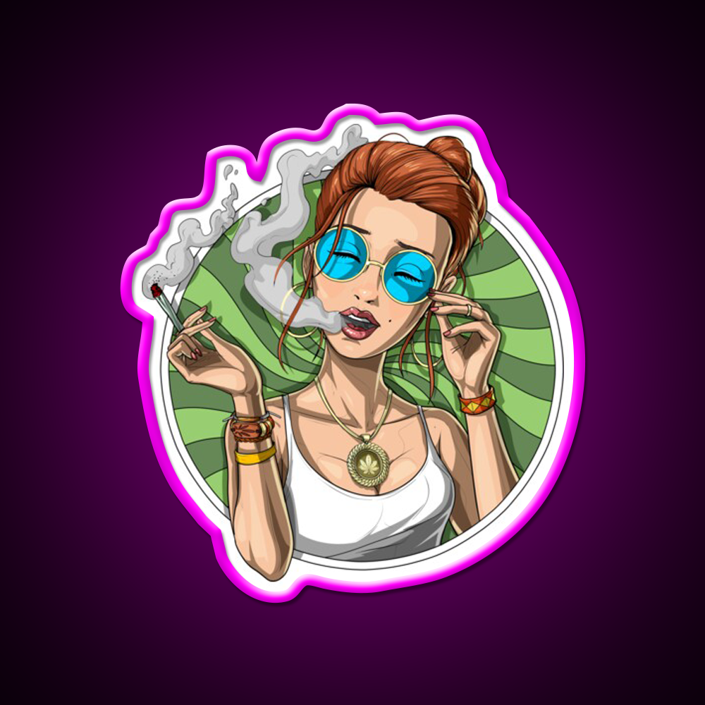 Stoner Girl Weed Hemp Inspired Green Leaf Led Neon Sign Rgb Color - Neon sign mounted on wall in room