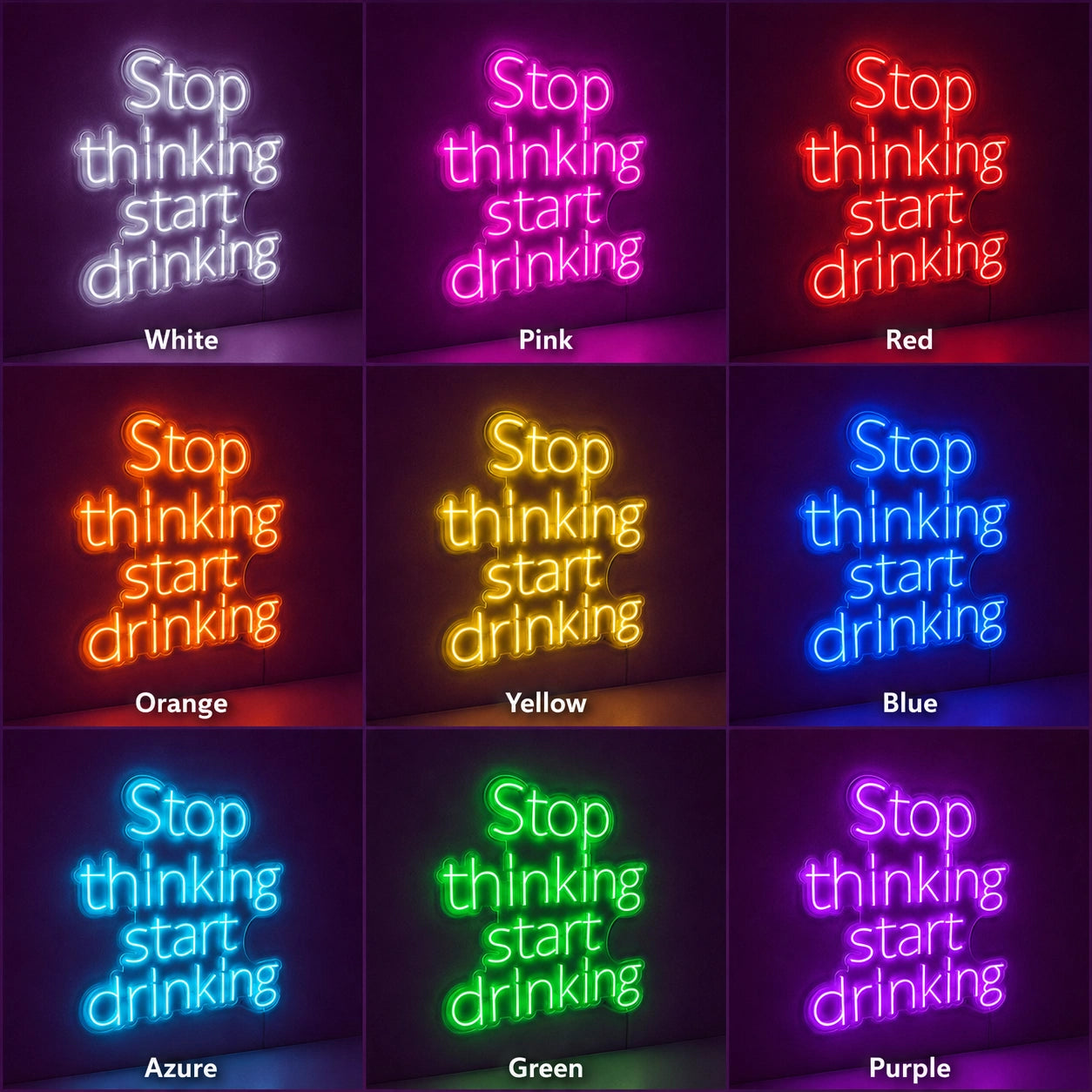 Stop Thinking Start Drinking LED Neon Sign Garage Man Cave Neon Sign color grid