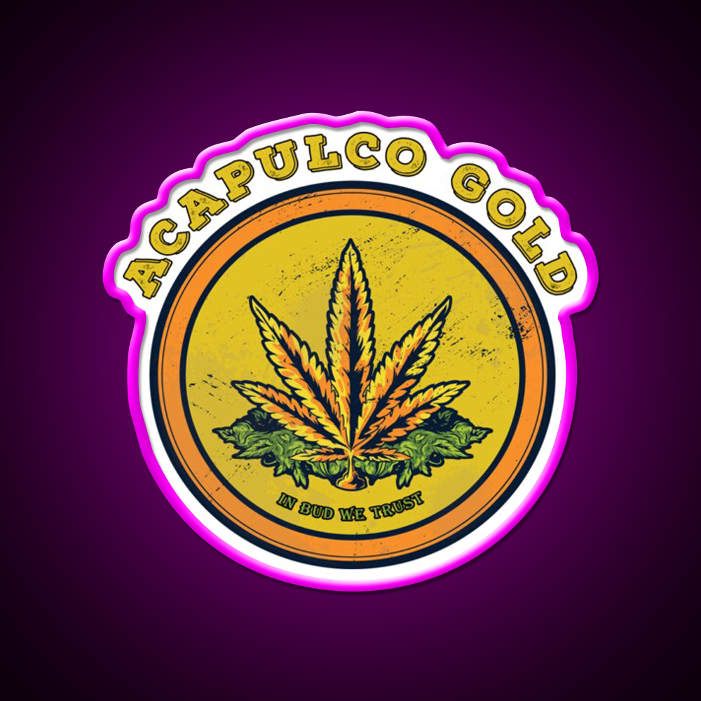 Strains Acapulco Gold Hemp Inspired Green Leaf Led Neon Sign Rgb Color - Neon sign mounted on wall in room