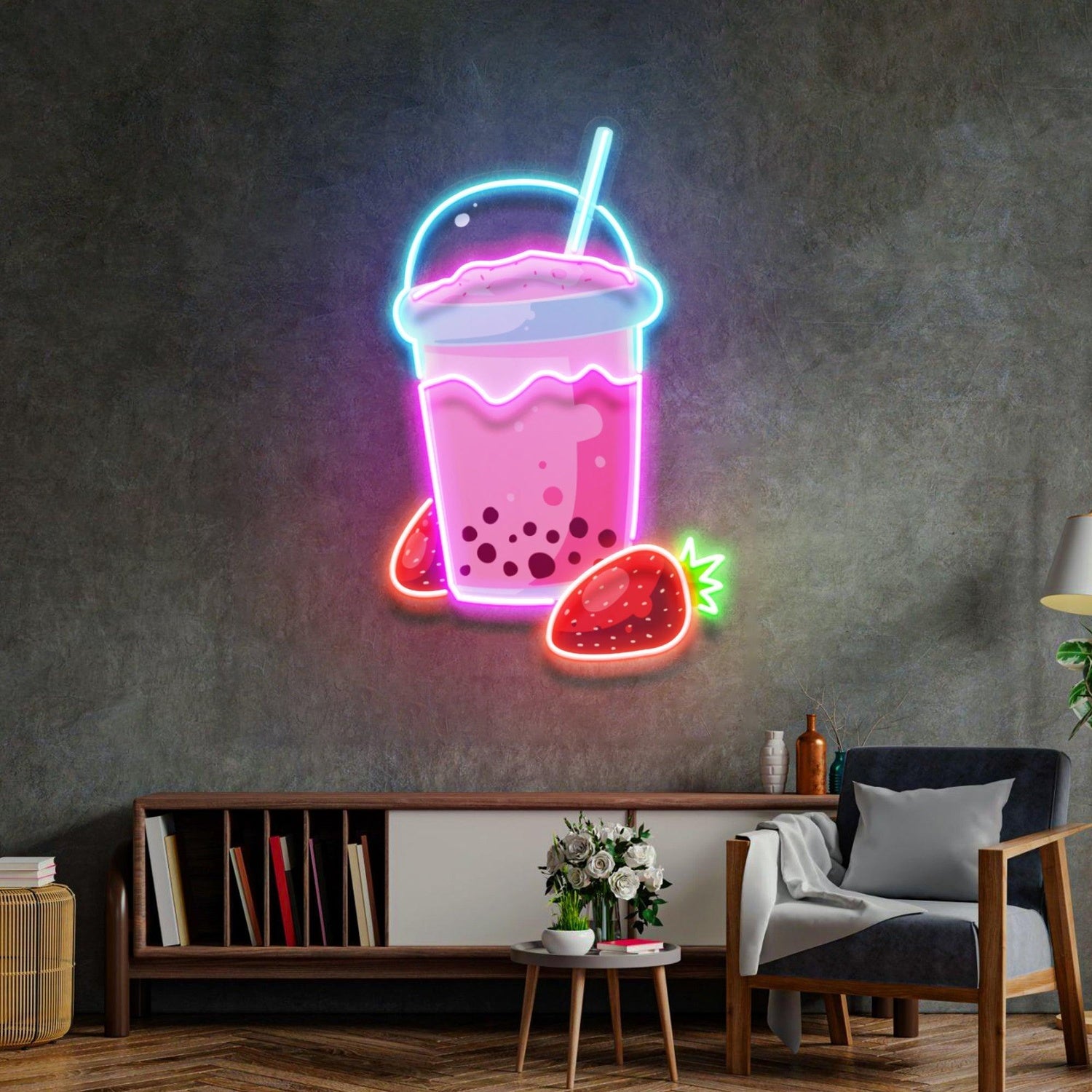 Strawberry Milk Cartoon Cup Uv Printed Led Neon Sign For Home And Bubble Tea Shop | Shineneon