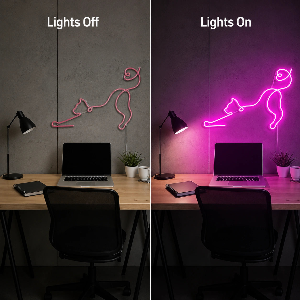 Stretching Cat Neon Sign LED Neon Sign day and night comparison