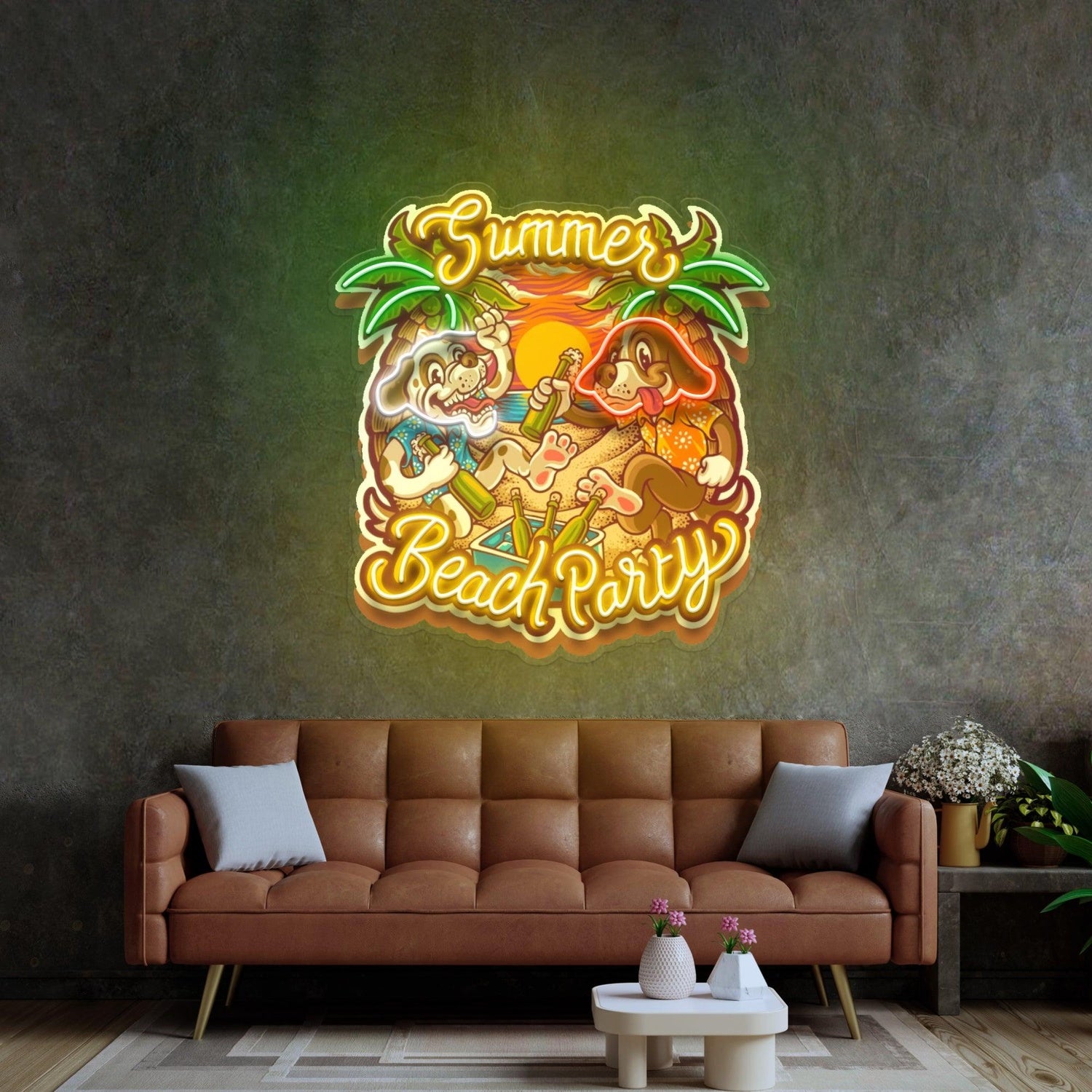 Summer Beach Party Palm Tree Dog Uv Printed Led Neon Sign For Indoor Decor | Shineneon