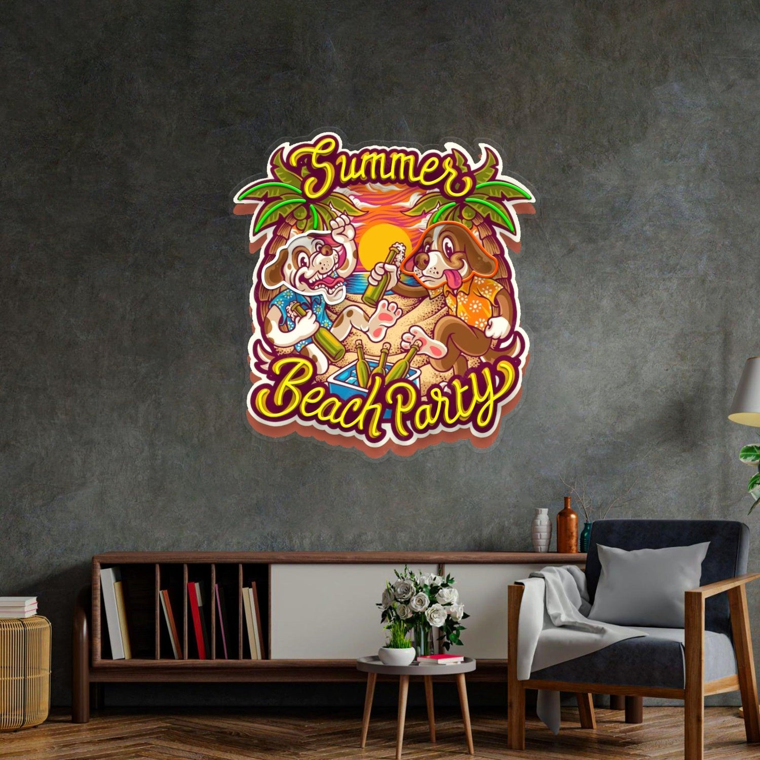 Summer Beach Party Palm Tree Dog Uv Printed Led Neon Sign For Indoor Decor | Shineneon