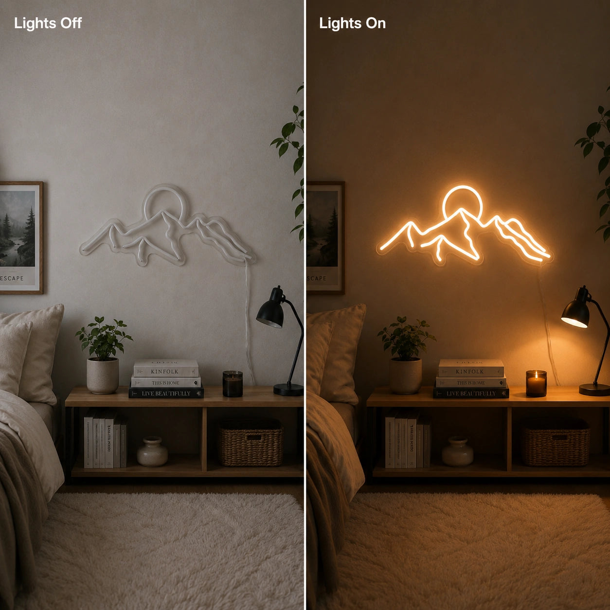 Sun Peak Mountain Neon Sign LED Neon Sign day and night comparison