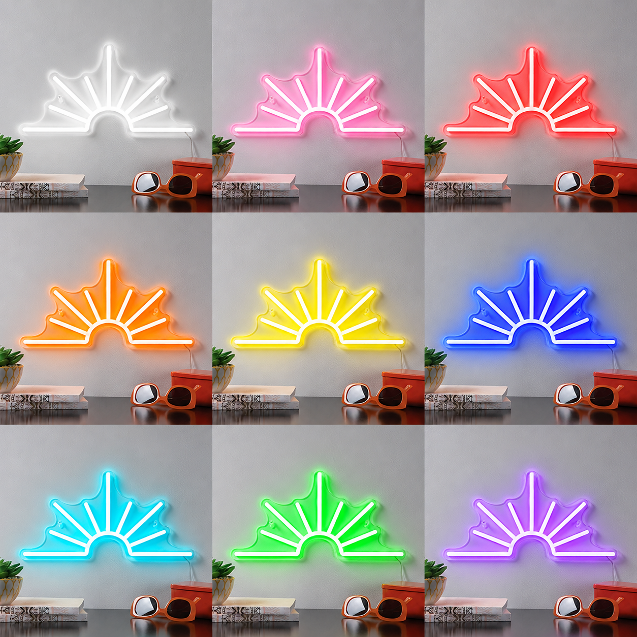 Sun Wall Decor White LED Neon Sign color grid