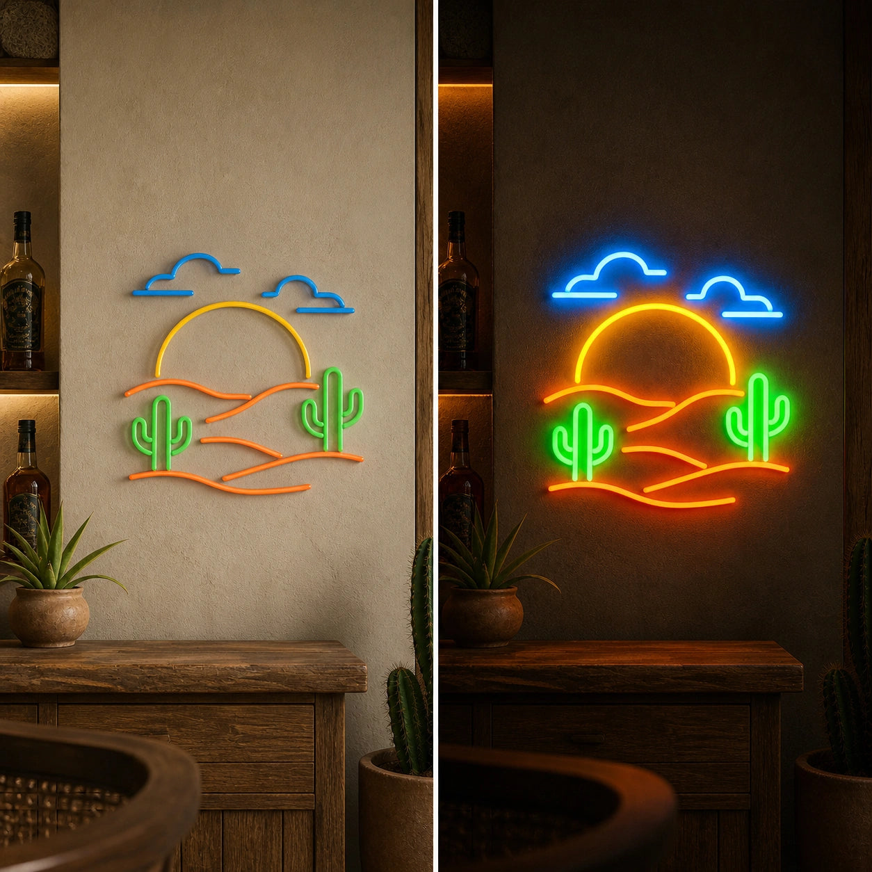 Sunset Desert Cactus Vintage LED Neon Sign day and night comparison