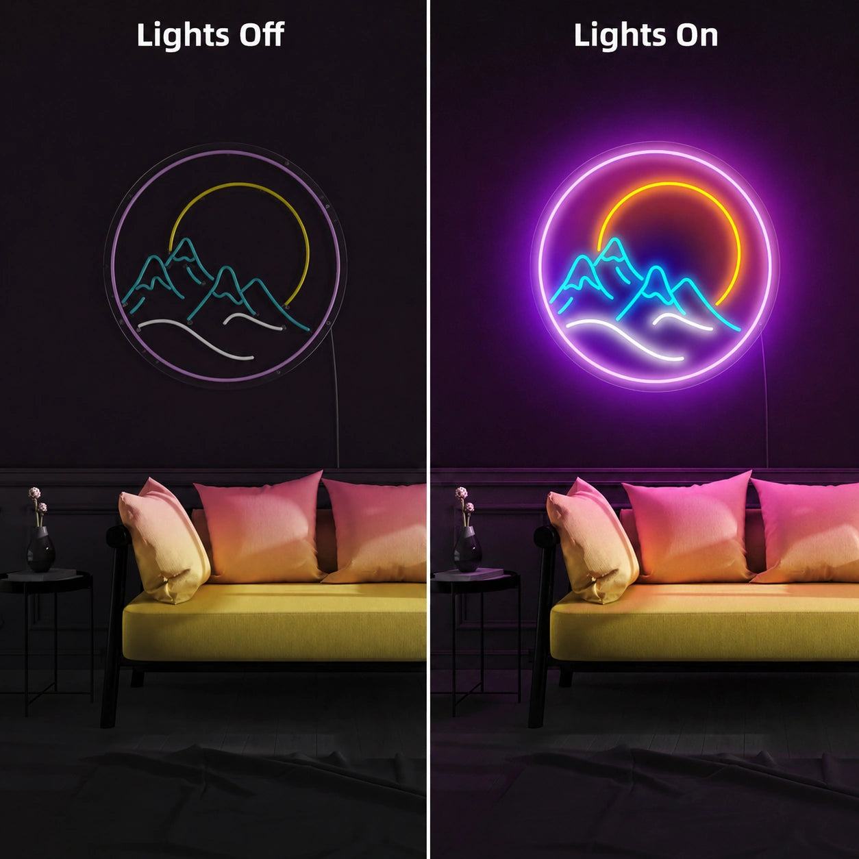 Sunset Lake Mountain Neon Sign LED Neon Sign day and night comparison