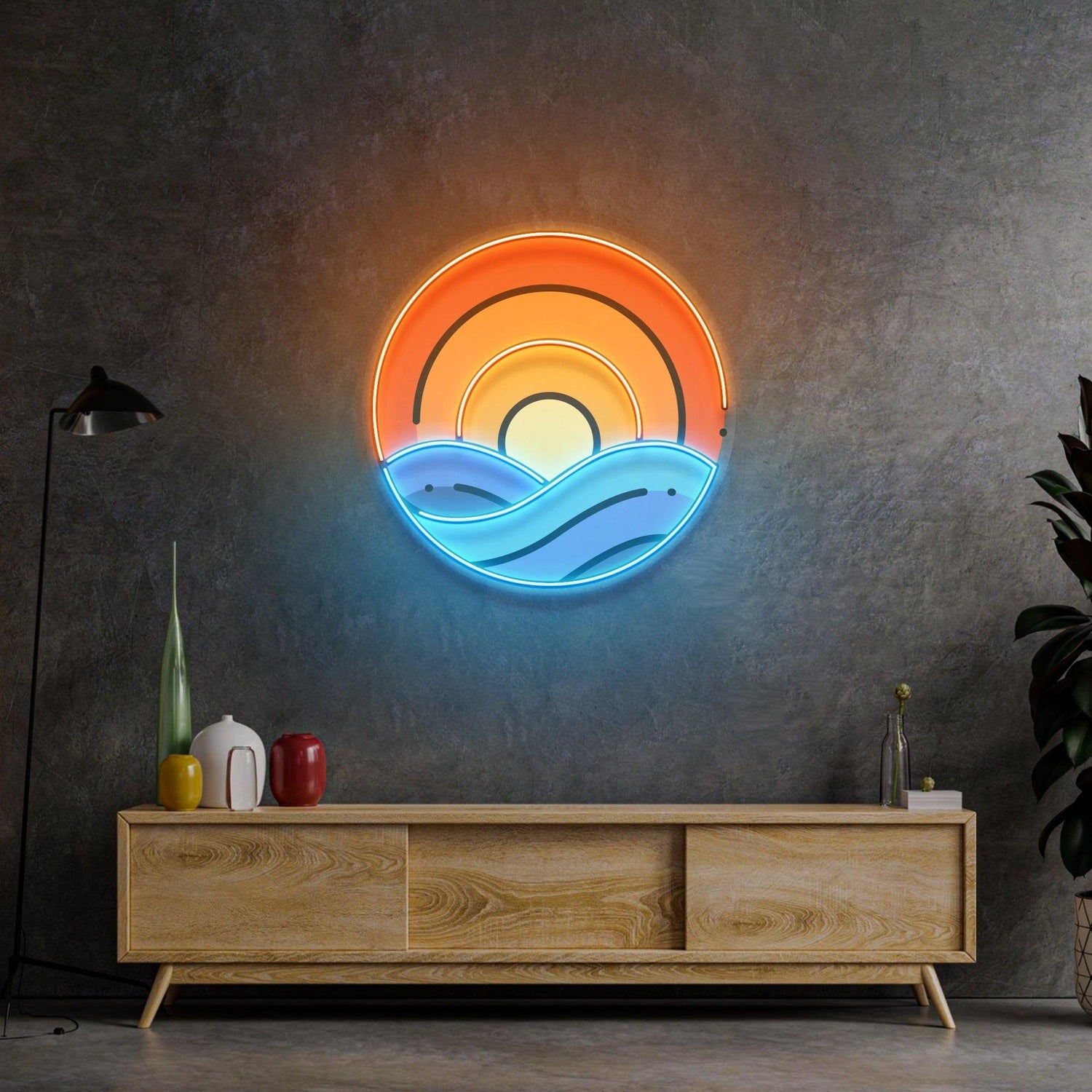 Sunset On Ocean Uv Printed Led Neon Sign With Sun Waves For Coastal Living Room Decor | Shineneon