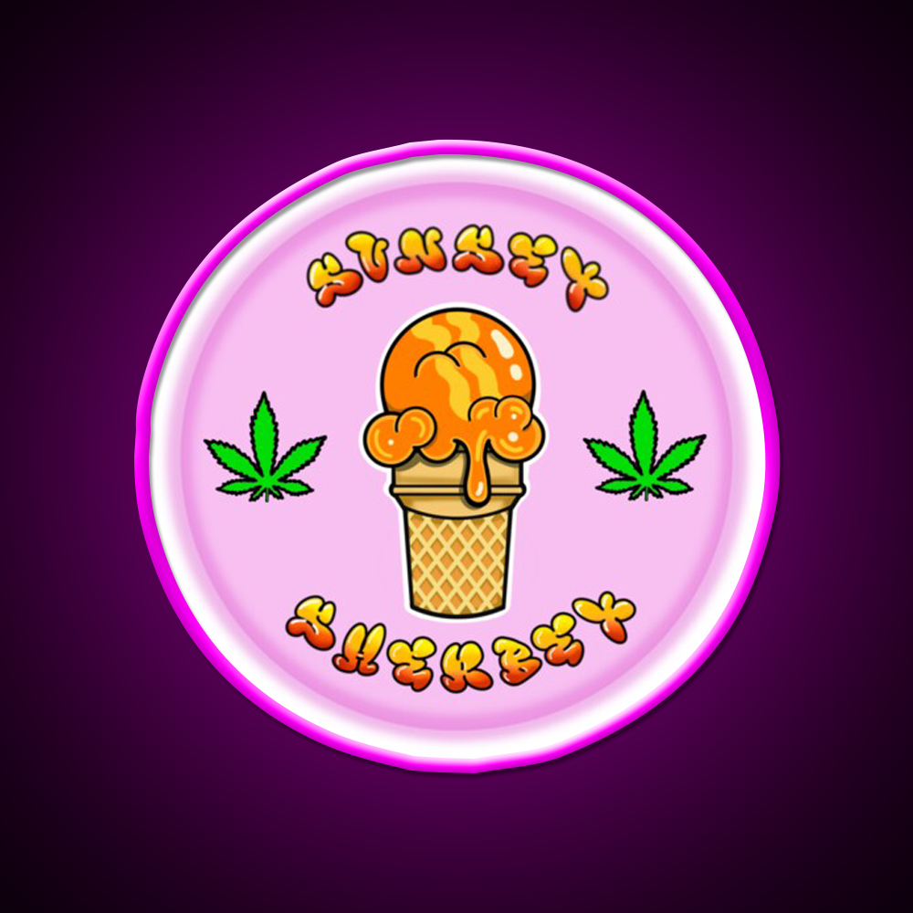 Sunset Sherbet Hemp Inspired Green Leaf Led Neon Sign Rgb Color - Neon sign mounted on wall in room
