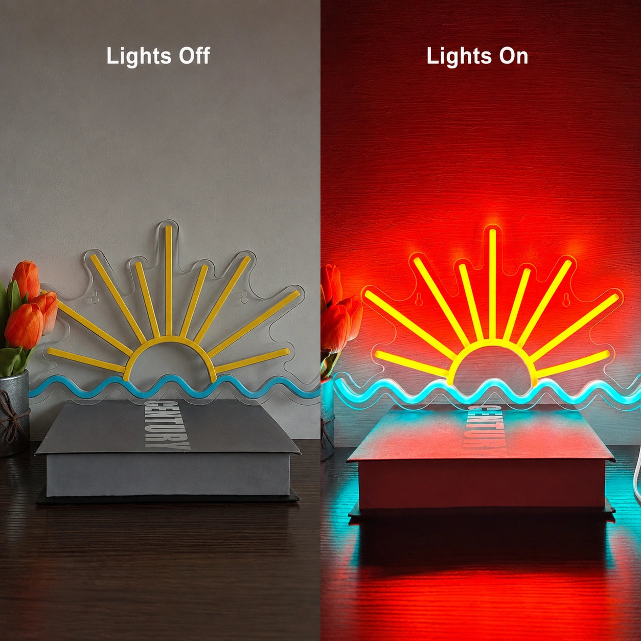 Sunset Wave Beach Neon Sign LED Neon Sign day and night comparison