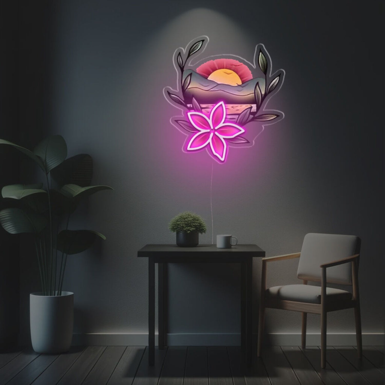 Sunset With Pink Flower Led Neon Acrylic Artwork | Shineneon