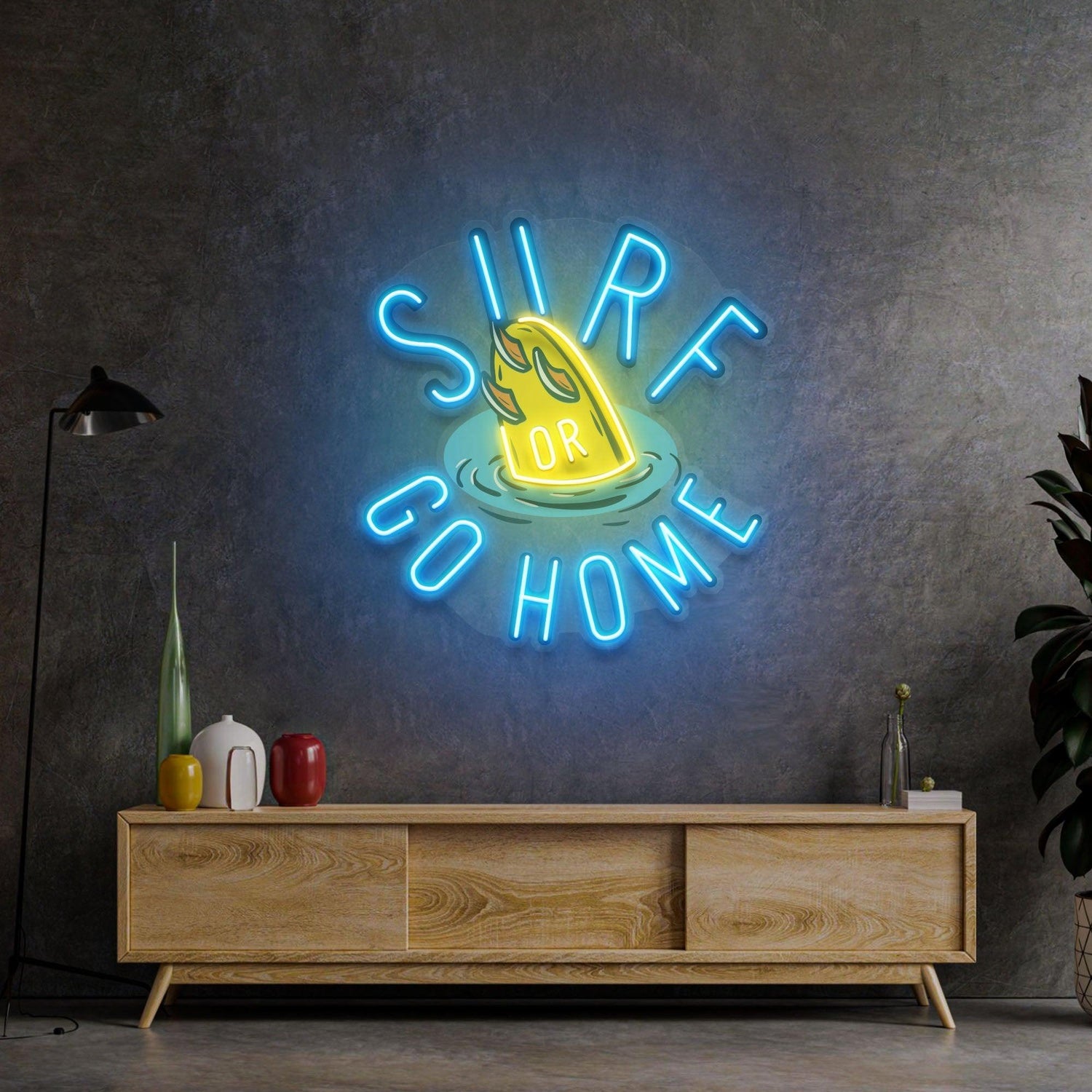 Surf Or Go Home Blue-Yellow Surfboard Uv Printed Led Neon Sign For Coastal Home Decor | Shineneon