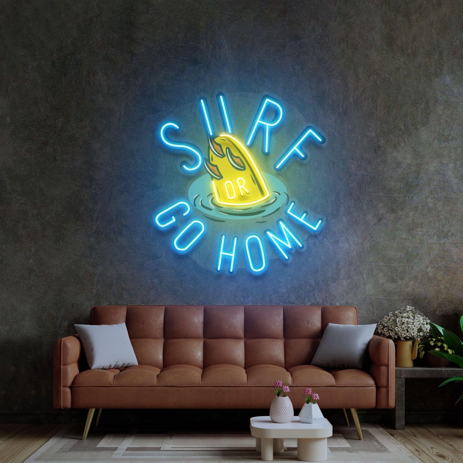 Surf Or Go Home Blue-Yellow Surfboard Uv Printed Led Neon Sign For Coastal Home Decor | Shineneon