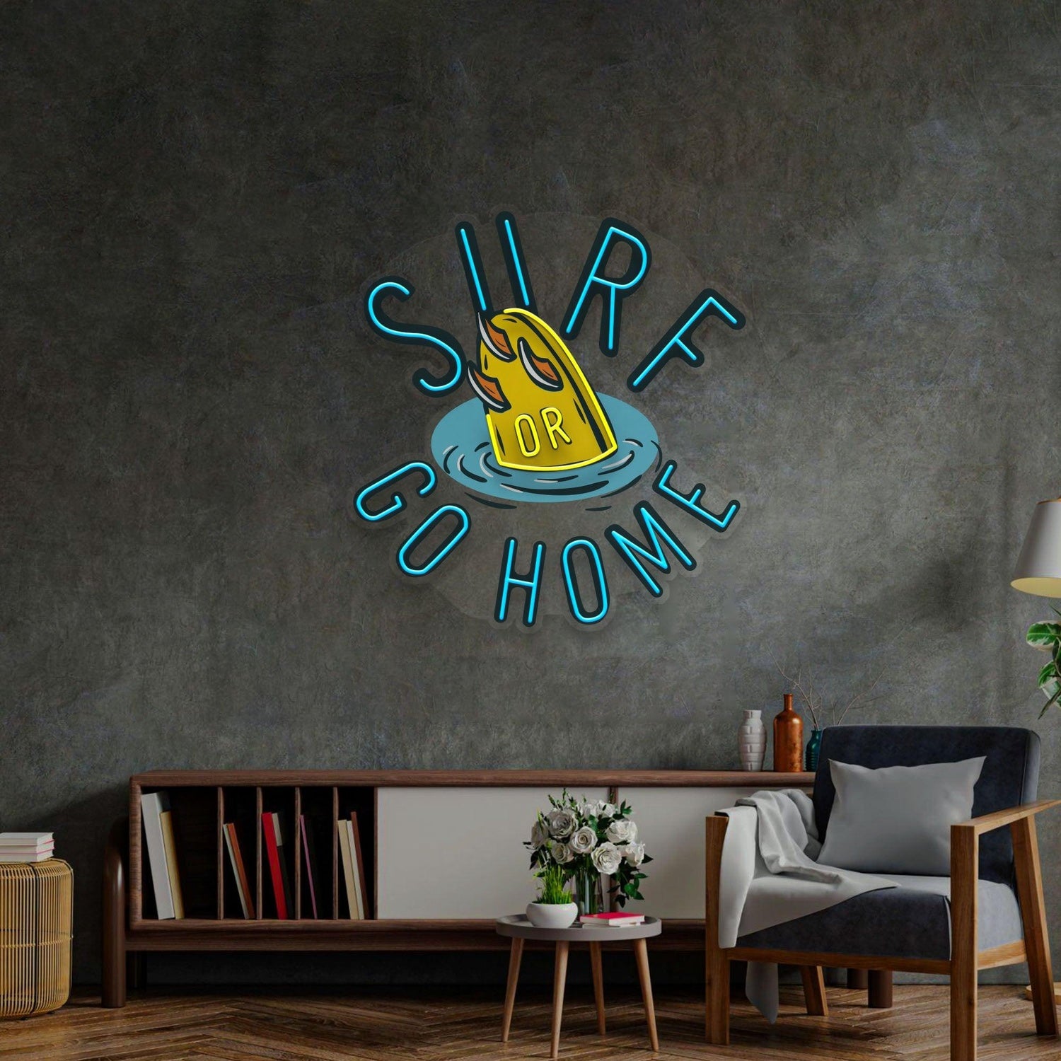 Surf Or Go Home Blue-Yellow Surfboard Uv Printed Led Neon Sign For Coastal Home Decor | Shineneon