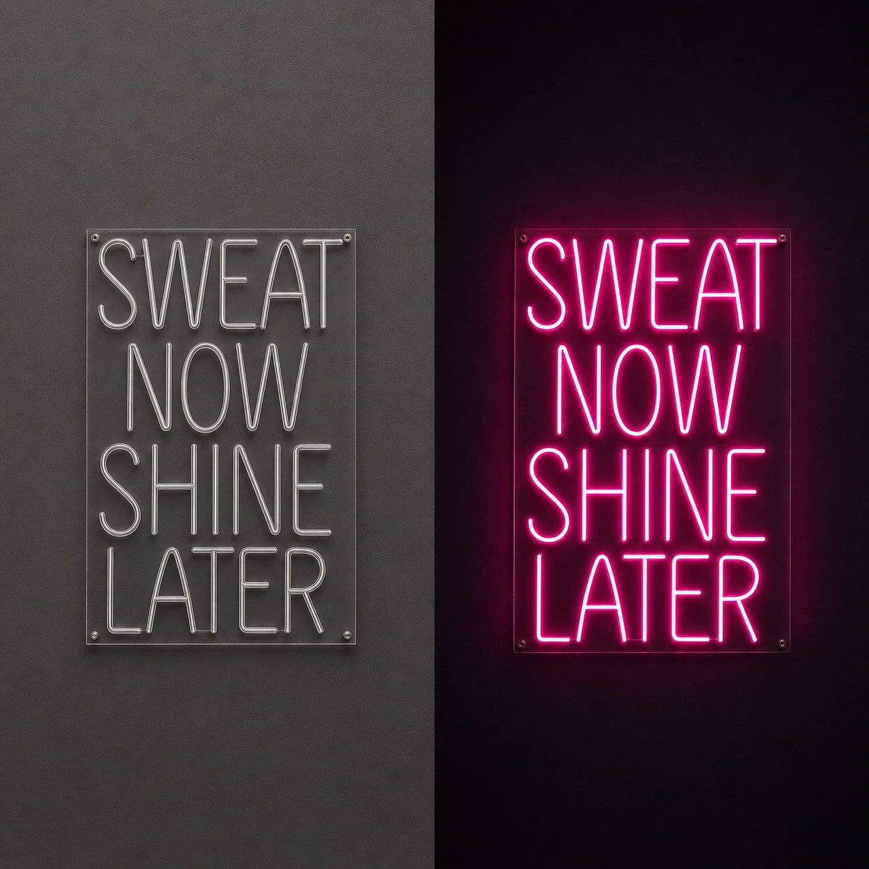 Sweat Now Shine Later LED Neon Sign Garage Man Cave Neon Sign day and night comparison