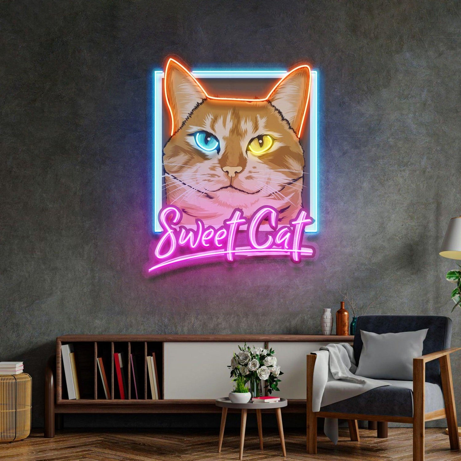 Sweet Cat Blue-Orange-Pink Uv Printed Led Neon Sign For Indoor Wall Decor | Shineneon