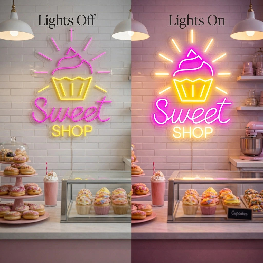 Sweet Shop LED Neon Sign - 06 Day Night Comparison