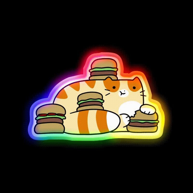 Tabby Cat Eating Burgers Fast Food Led Neon Sign For Burger Place Rgb Color
