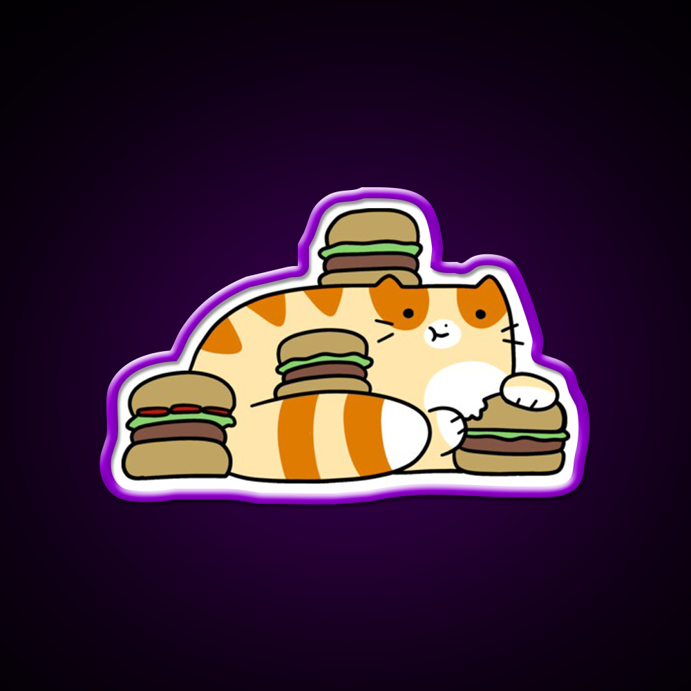 Tabby Cat Eating Burgers Fast Food Led Neon Sign For Burger Place Rgb Color
