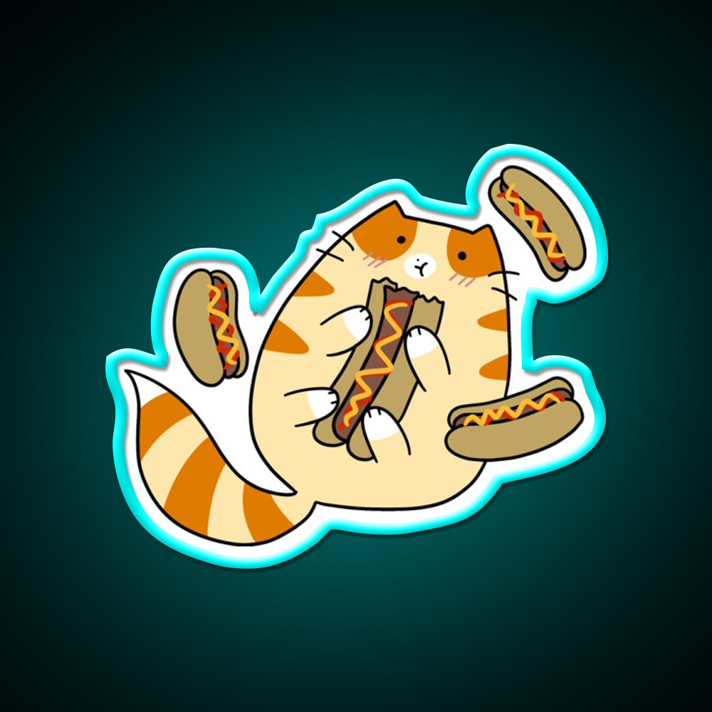 Tabby Cat Eating Hotdogs Fast Food Led Neon Sign For Burger Place Rgb Color
