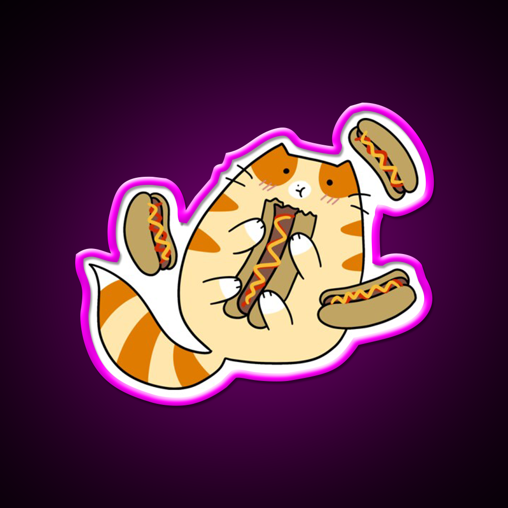 Tabby Cat Eating Hotdogs Fast Food Led Neon Sign For Burger Place Rgb Color