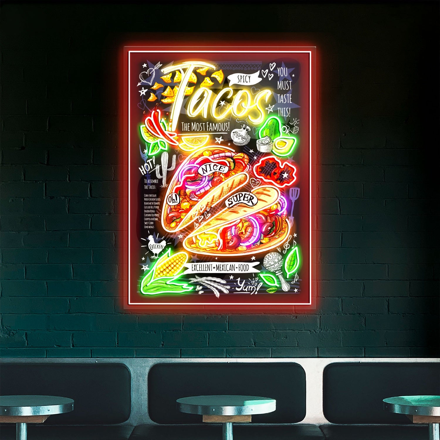 Tacos Poster Mexican Fast Food Menu Acrylic Led Sign | Shineneon
