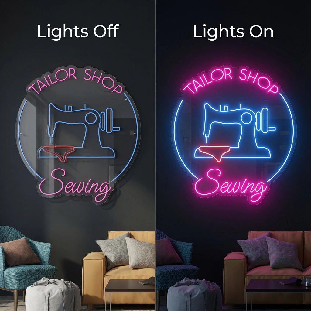 Tailor Shop Sewing LED Neon Sign - 06 Day Night Comparison