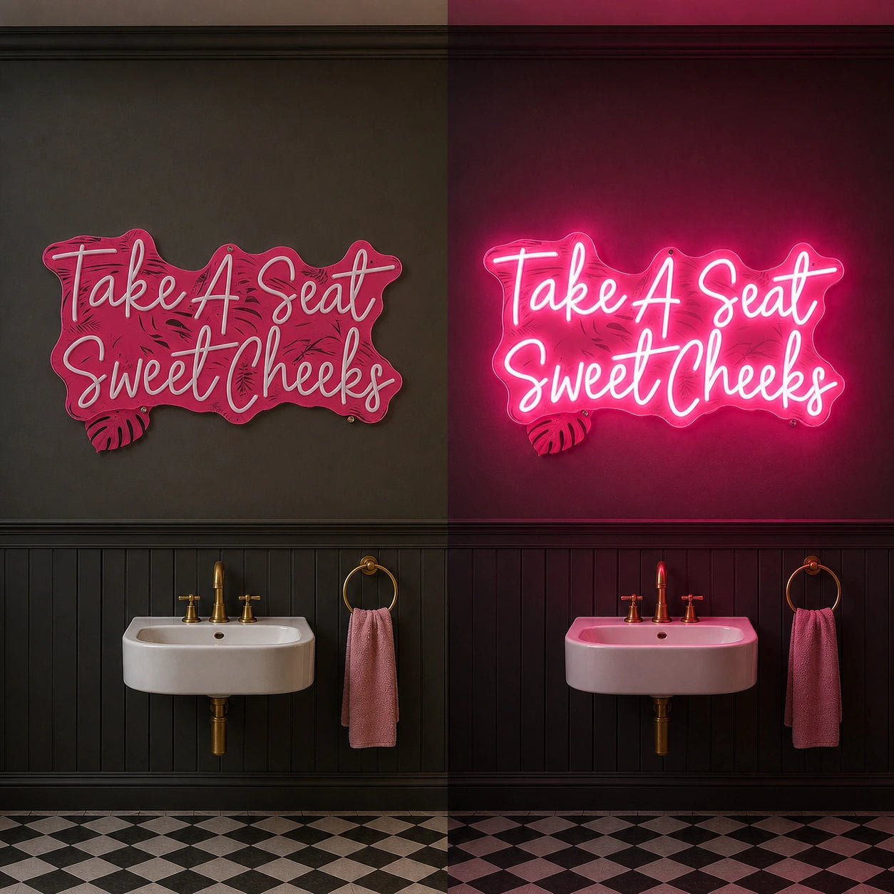 Take A Seat Sweet Cheeks LED Neon Sign Garage Man Cave Neon Sign day and night comparison