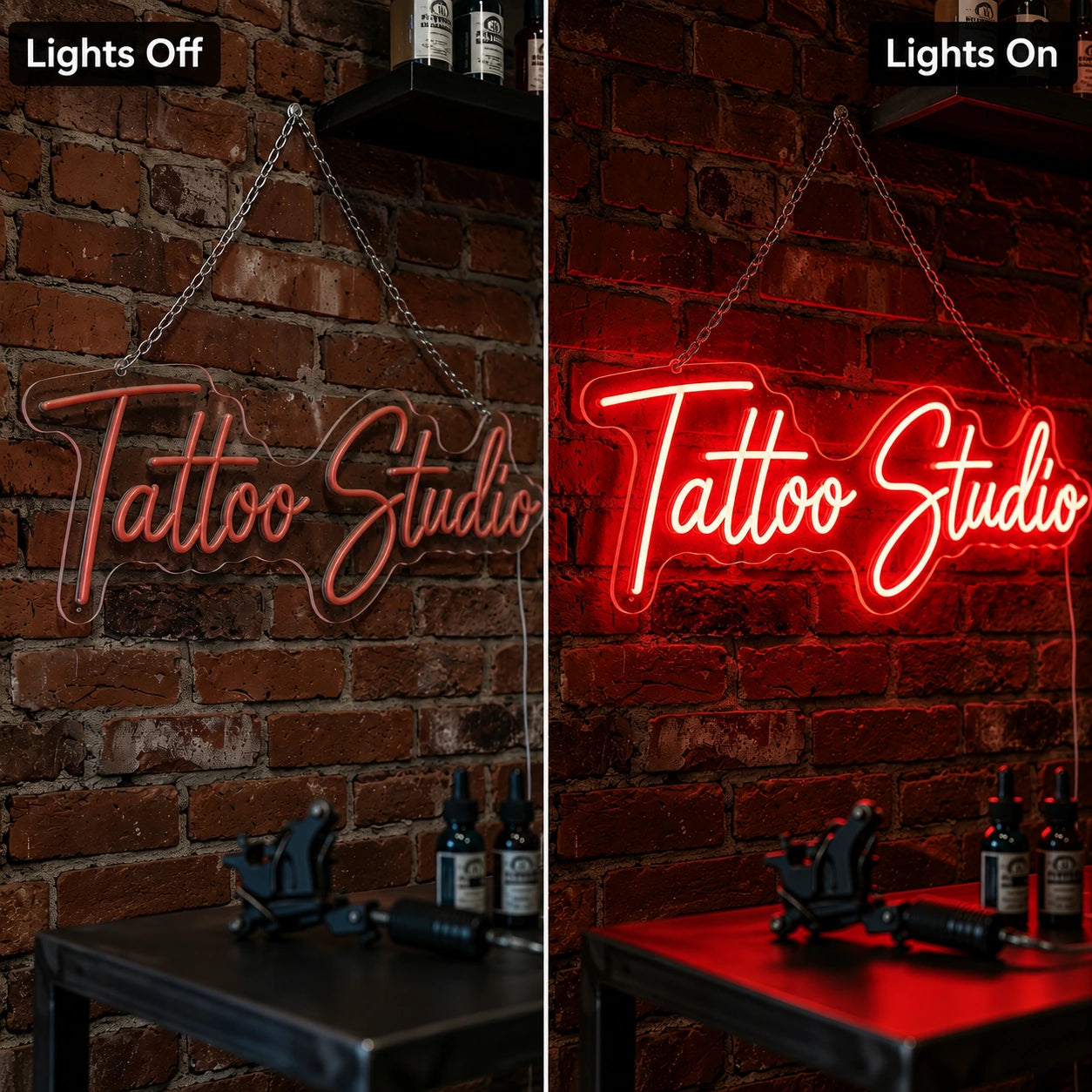 Tattoo Studio Script Neon Sign LED Neon Sign day and night comparison