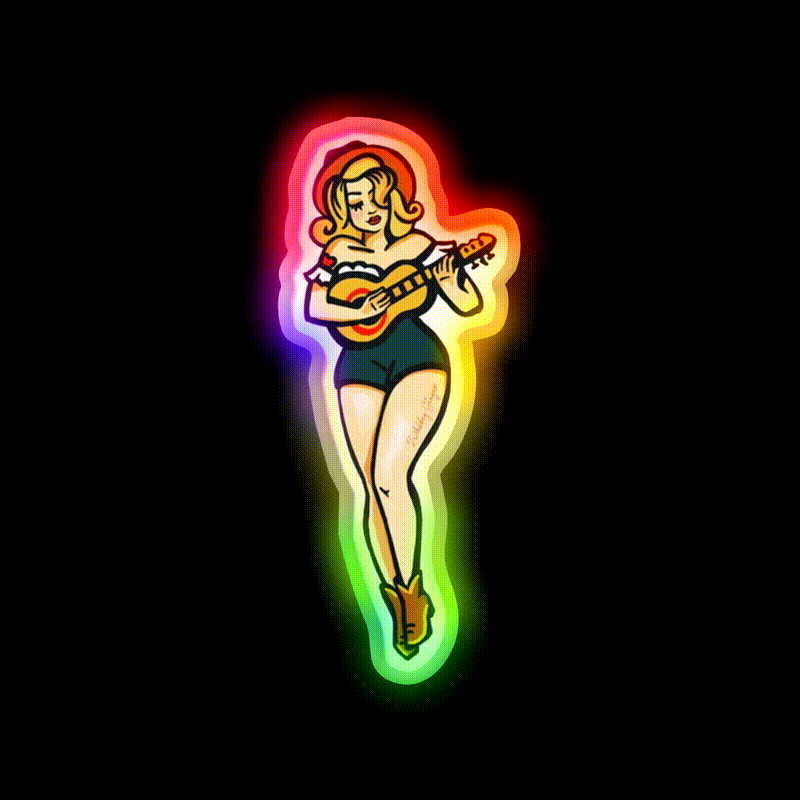 Tattoo Style Pinup Girl Playing Ukulele Whiskey Drink Bar Led Neon Sign Rgb Color