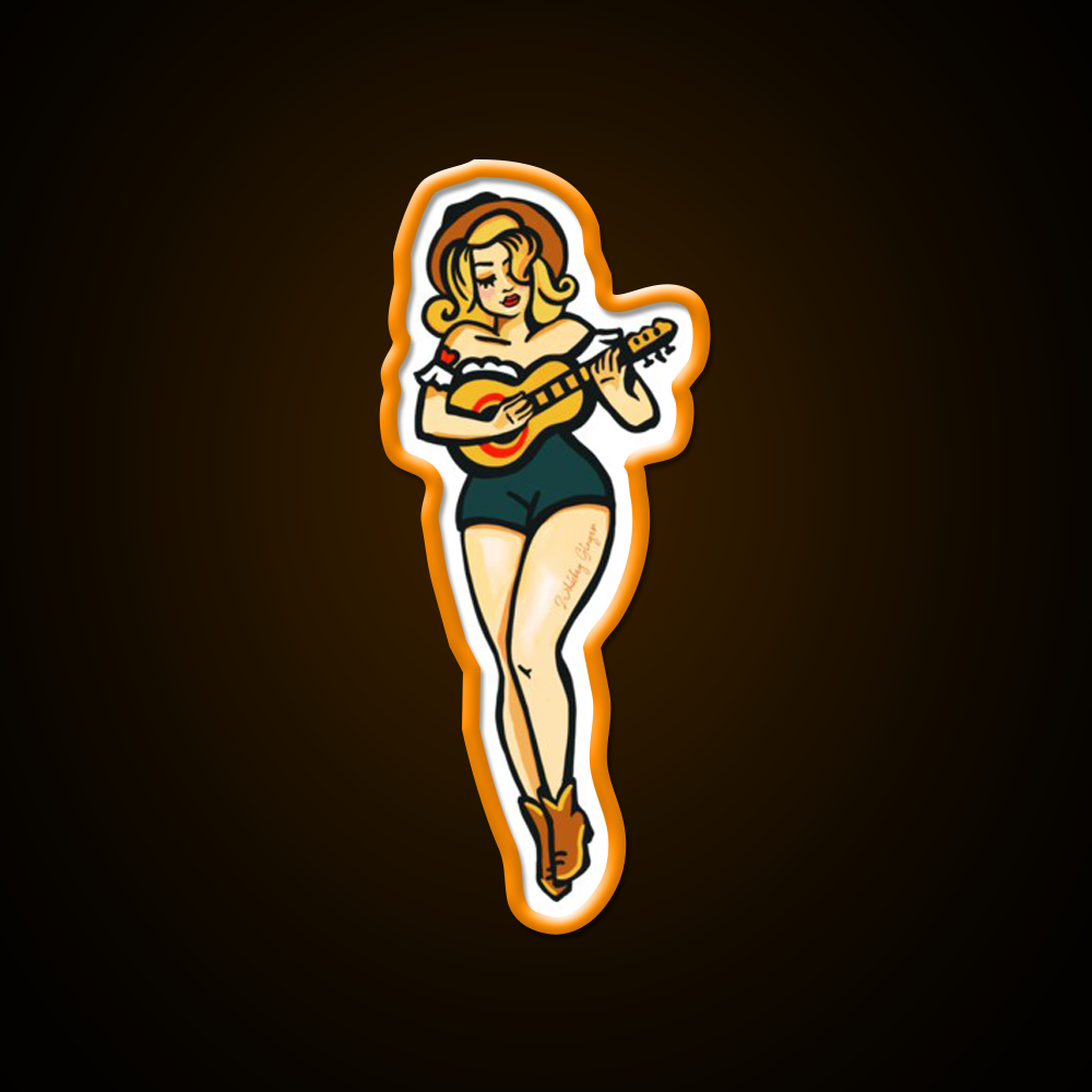 Tattoo Style Pinup Girl Playing Ukulele Whiskey Drink Bar Led Neon Sign Rgb Color