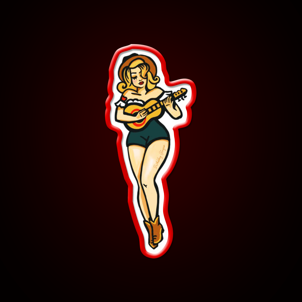 Tattoo Style Pinup Girl Playing Ukulele Whiskey Drink Bar Led Neon Sign Rgb Color - Shineneon