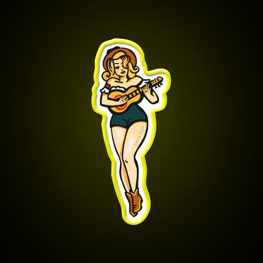 Tattoo Style Pinup Girl Playing Ukulele Whiskey Drink Bar Led Neon Sign Rgb Color