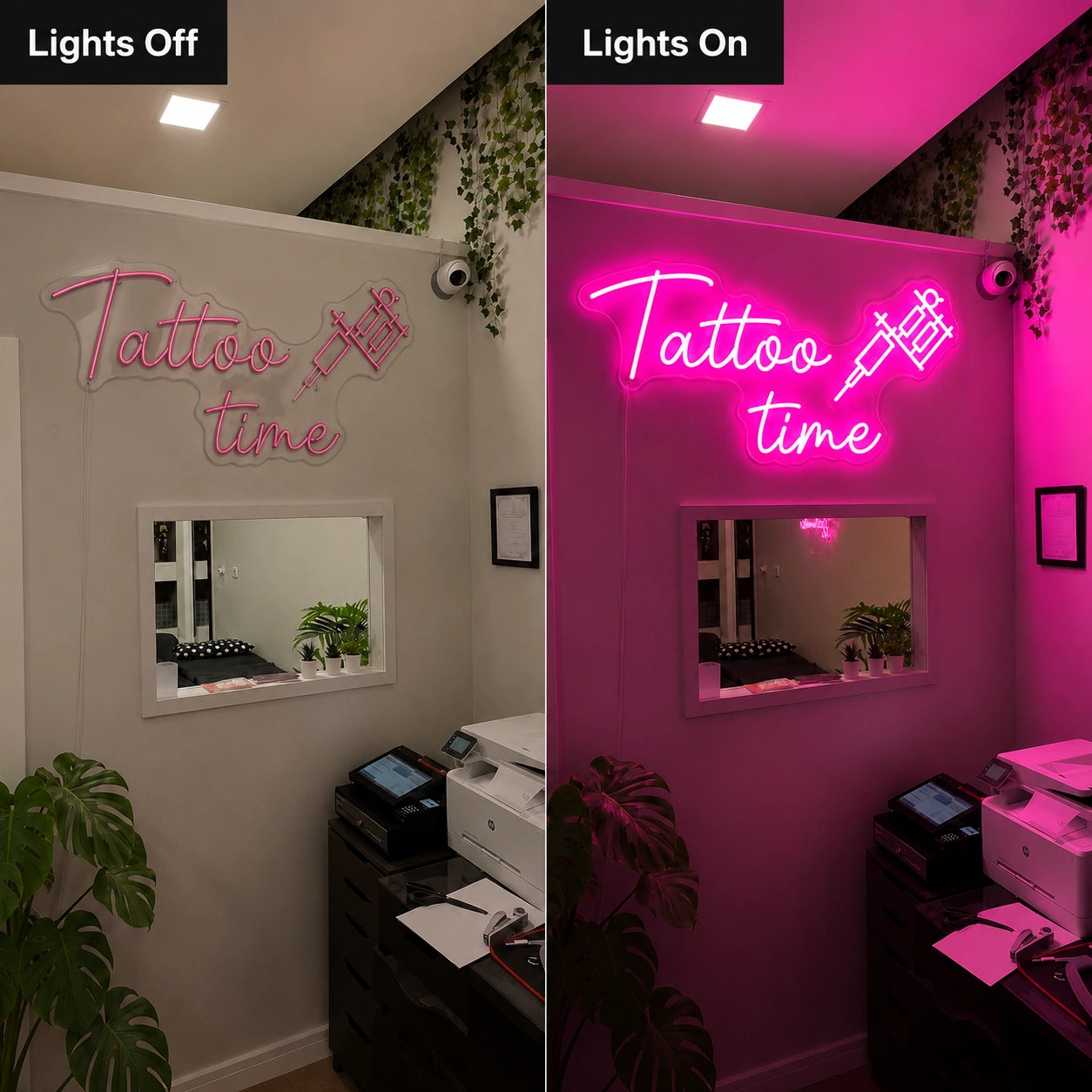 Tattoo Time LED Neon Sign - 06 Day Night Comparison