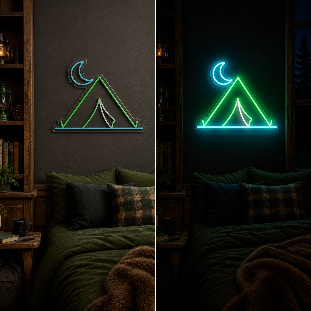 Tent Crescent Moon Vintage LED Neon Sign day and night comparison