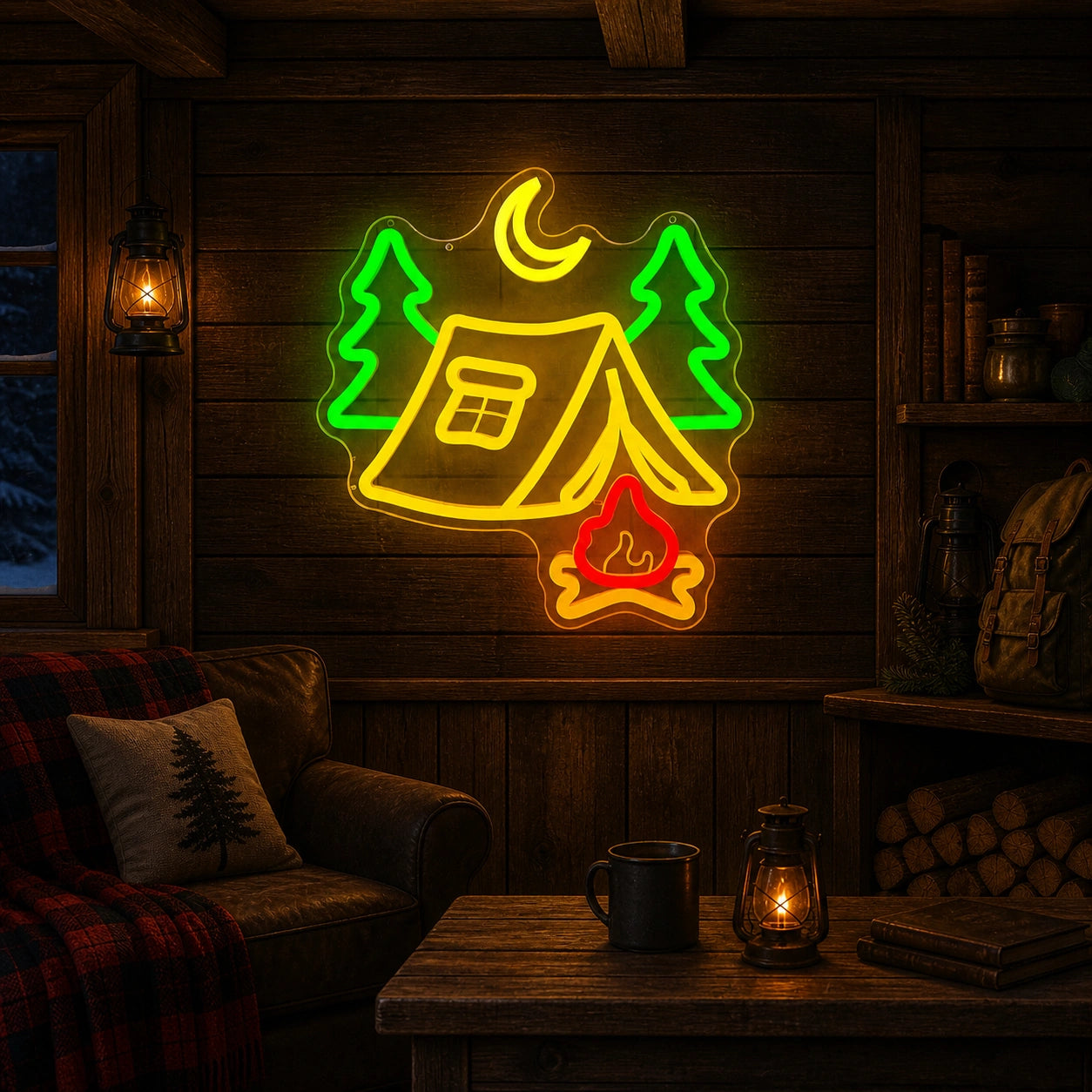 Tent Pine Trees Crescent Moon Campfire Vintage LED Neon Sign size image