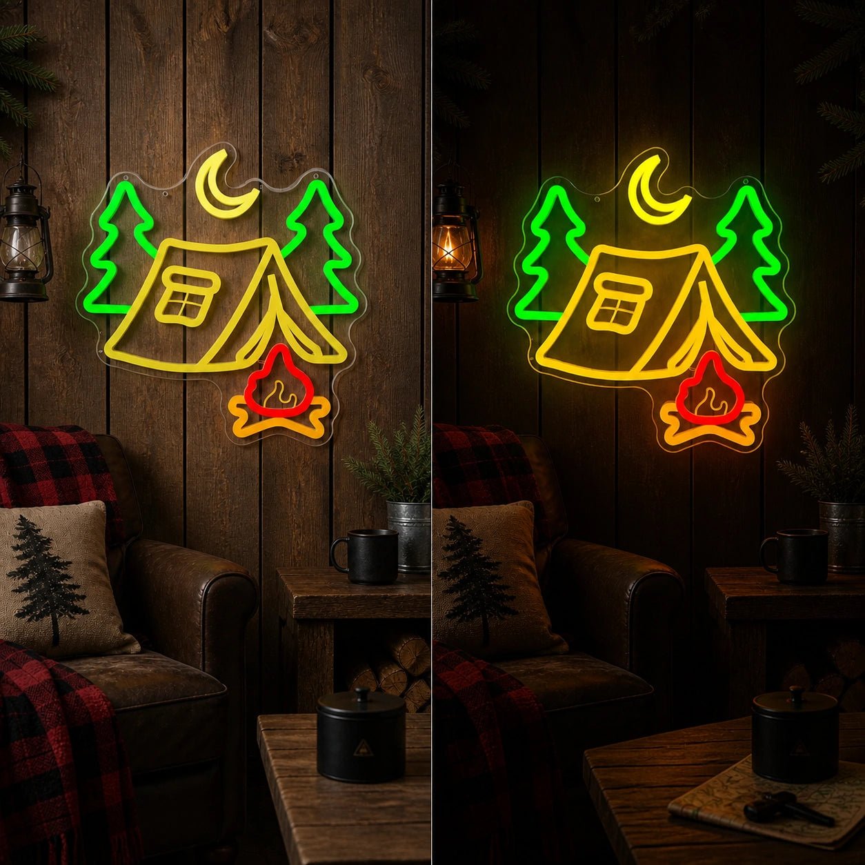 Tent Pine Trees Crescent Moon Campfire Vintage LED Neon Sign - Shineneon